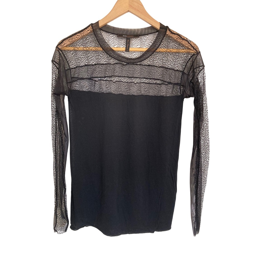 BCBGMAXAZRIA Black Sheer Lace Mixed Media Long Sleeve Top Small